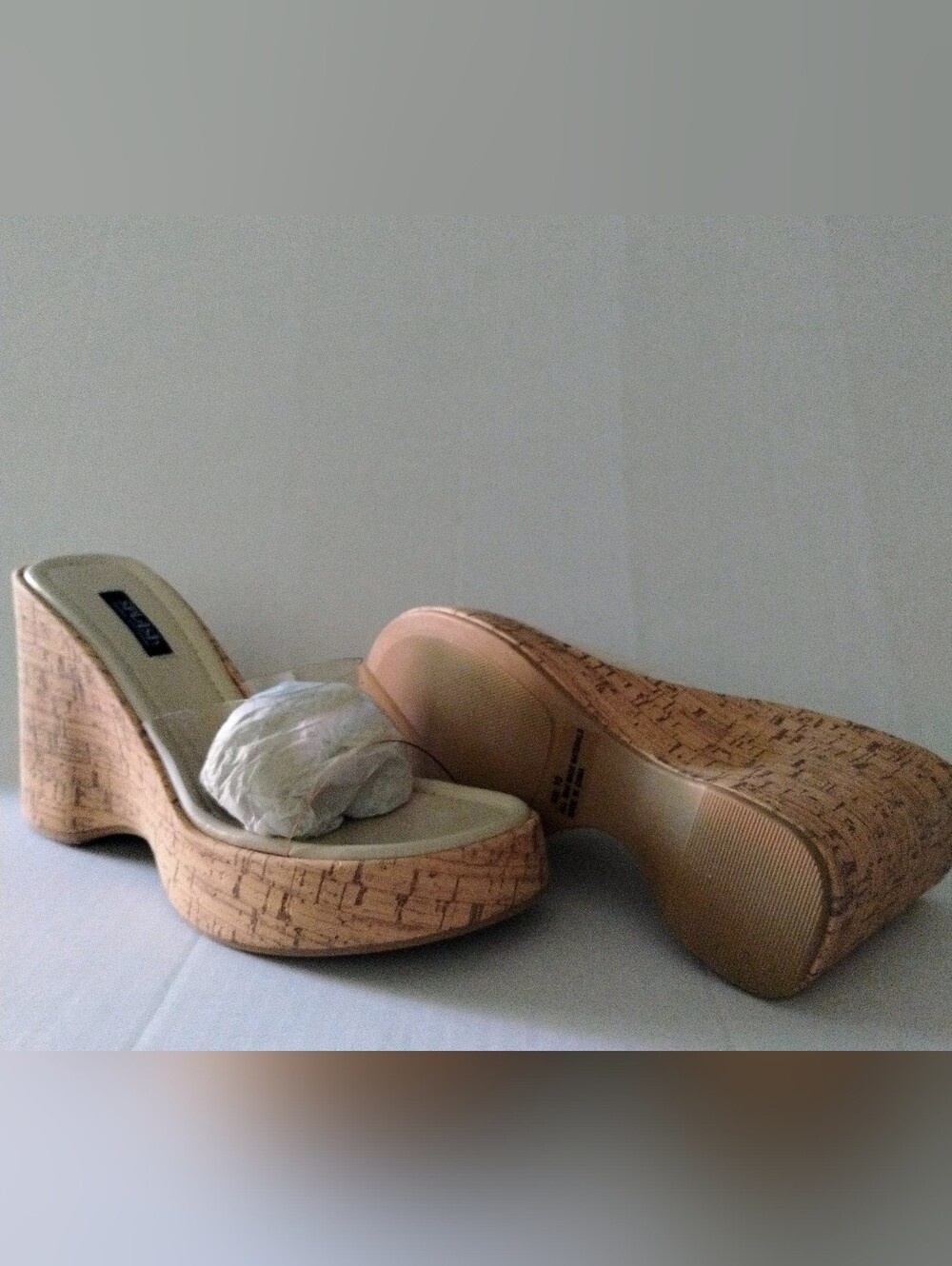 Splash Cork Platform Wedge Sandals in Tan and Clear